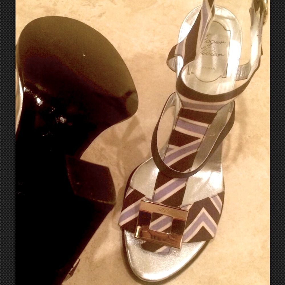 ROGER VIVIER Paris Heel Sandal Navy Lt Blue White Silk Silver US9 EU40 Italy NEW - Picture 3 of 7